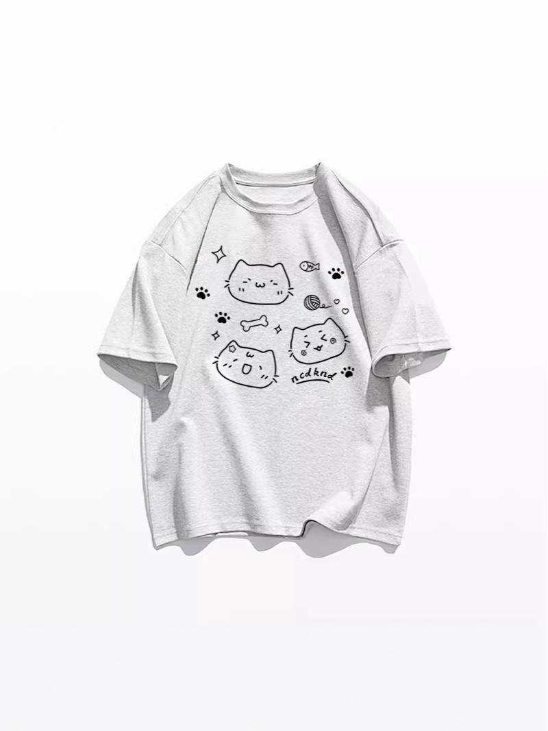 

Women s 2025 Summer College Style Kitten T-Shirt - Japanese Age-Reducing Milk-Kissed, Loose Fit, Short Straight Shoulder Sleeves M