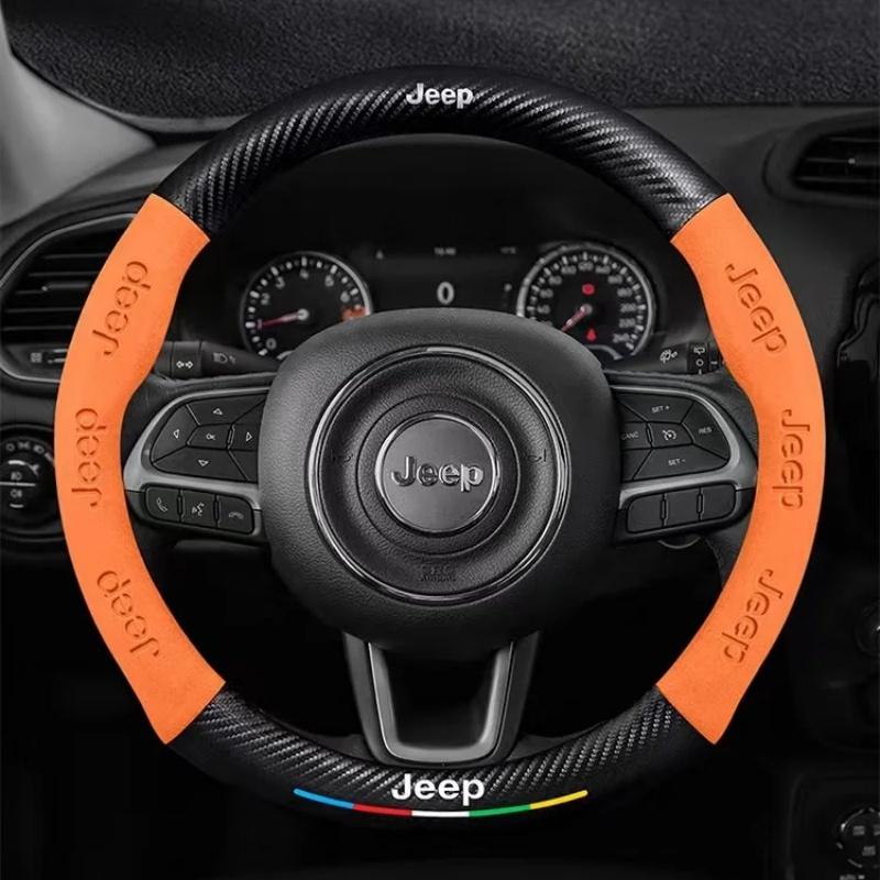 AQI1  Carbon Fiber Suede Car Steering Wheel Cover Anti Slip Car Interior Accessories For Jeep Wrangler Grand Cherokee Compass Renegade