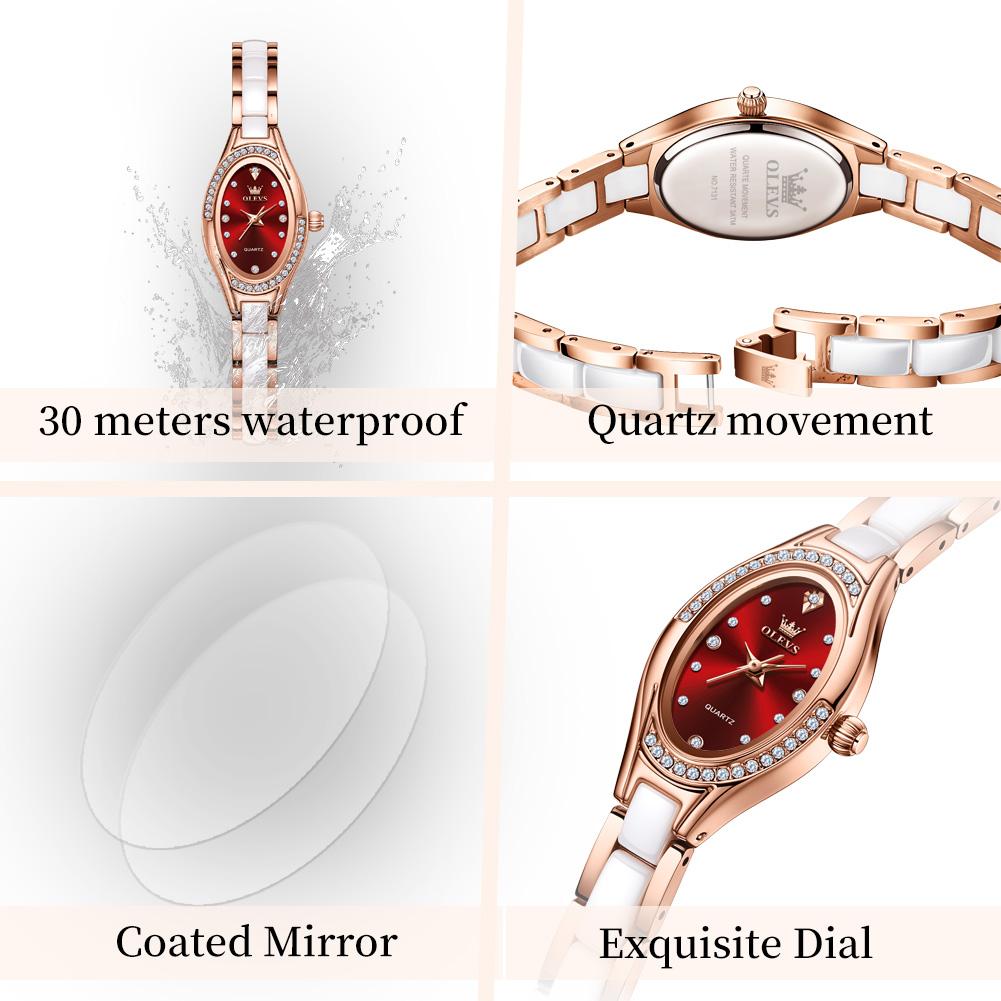 OLEVS 7131 Dámské hodinky Elegantní Luxusní Růžové zlato Keramický řemínek Diamantový rámeček Náramek Náramkové hodinky Originální Quartz hodinky pro ženy
