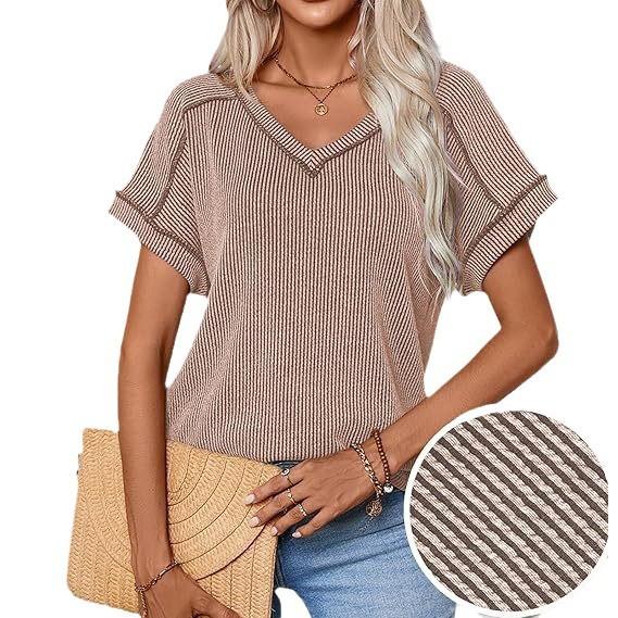 GMXIA Spring Summer Fashion Two-color Twist Short Sleeve V-neck Top T-shirt for Women