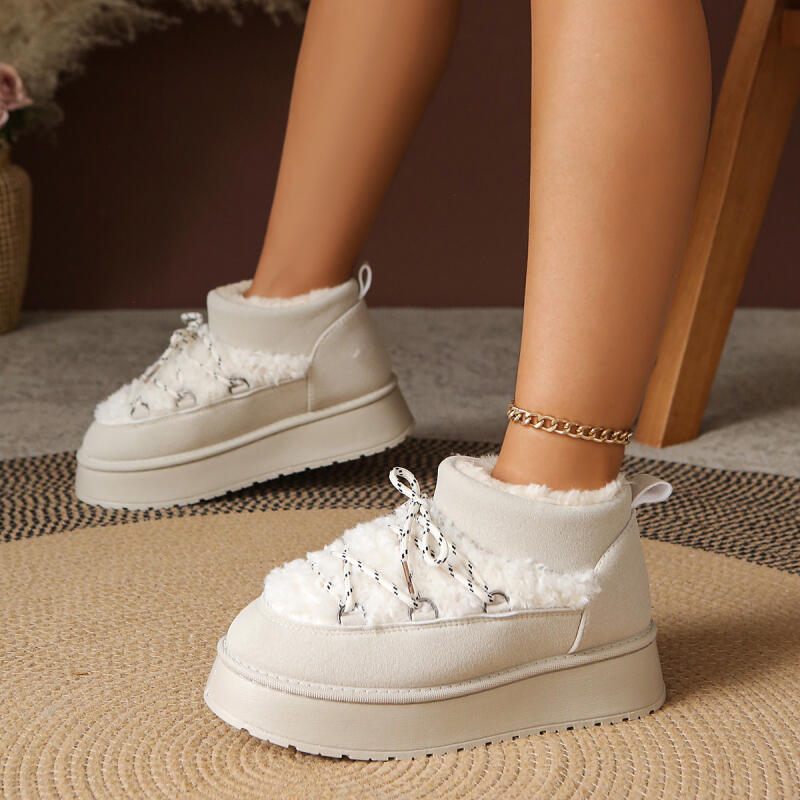 Fashion Casual Thick Bottom Snow Boots Women 2025 Winter Comfort Round Toe Short Plush Booties Fashion Lace Up Decoration Furry Boots