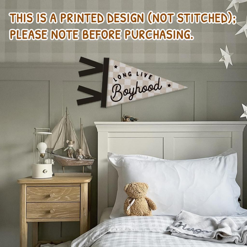 Boys Room Decor, Long Live Boyhood Wall Hanging Pennant Flag Banner, Preppy Neutral Checkerboard Wall Decorations for Nursery Toddler Boys Bedroom