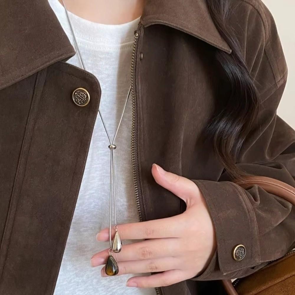 Tigerauge Stein Pulloverkette Titanstahl Anhänger Halskette Einfache Wassertropfenform Halskette