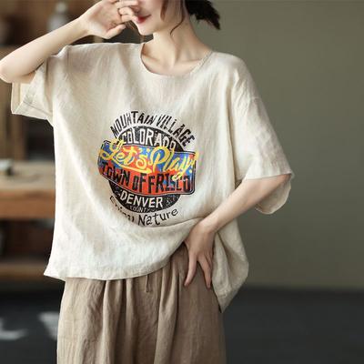 Γυναικεία Καλοκαιρινά Μπλουζάκια Μεγάλα Μεγέθη Φαρδιά Βαμβακερά Λινά Μπλουζάκια Oversized Καθημερινά με Τυπωμένα Γράμματα Κοντομάνικα Τοπ Μπλουζάκια