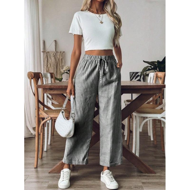 2026 Striped Casual Loose Wide-Leg Cropped Pants - European & American Style