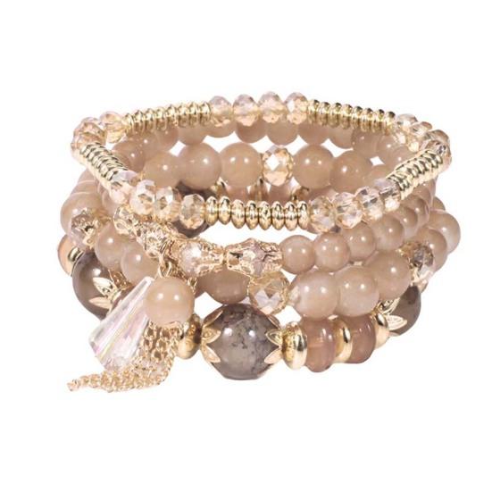 4Pcs/Set Boho Faux Agate Pearl Tassel Chain Charm Beaded Bracelet Women Jewelry