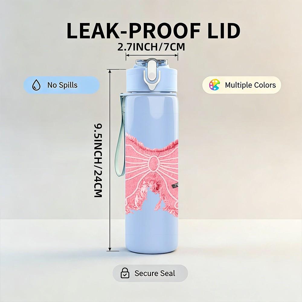 1PC Soft Pink Fabric Bow Ribbon Print 750ml Color Plastic Sports Water Bottle Leakproof Flip Straw Lid Suitable for Sports Office Home Use