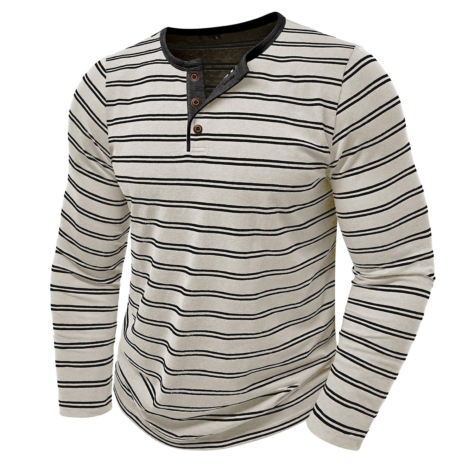 

Мужские рубашки хенли из хлопковой смеси с длинными рукавами в полоску, повседневная рубашка с тремя пуговицами, свитера на осень, весну и зиму L грязно-белый