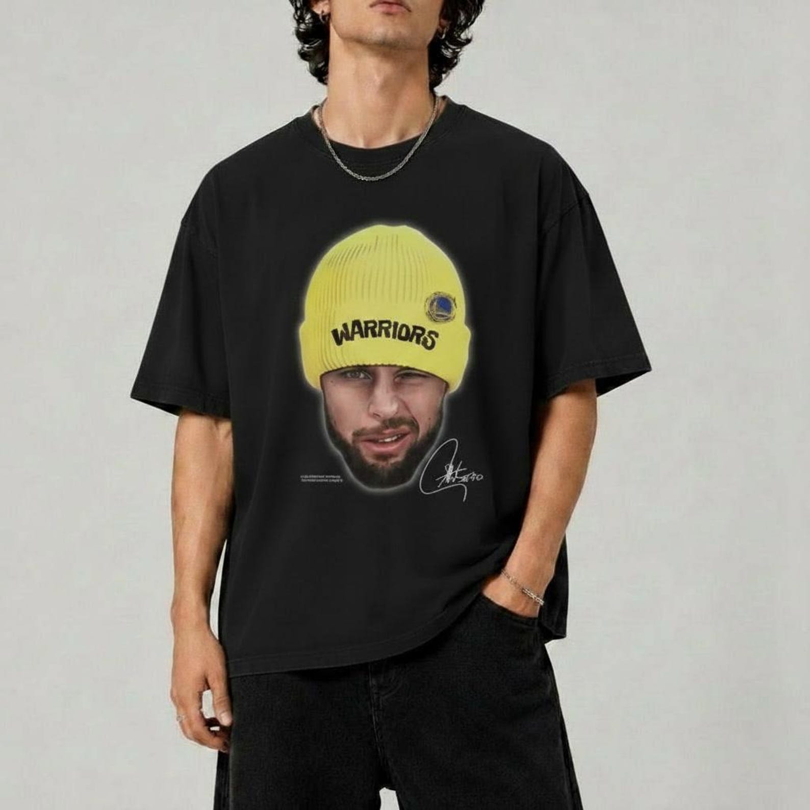 Stephen Curry Graphic T-Shirt, NBA Warriors Beanie Portrait Tee, Oversized Unisex Streetwear, Golden State Basketball Fan Gift L