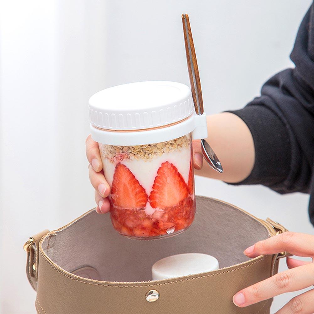 350ML Glasbehälter Versiegelt Tragbarer Becher mit Deckel Löffelhalter für Joghurt Frühstückscerealien Haferflocken Milchbehälter mit Skala
