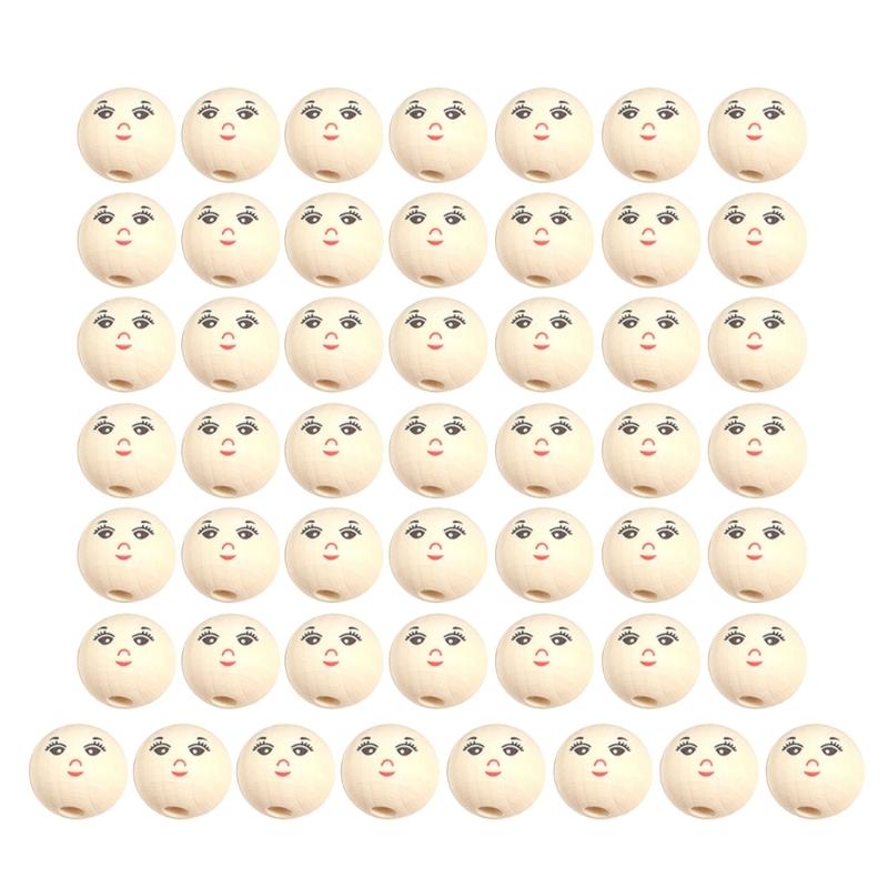 

50Pcs Doll Head Wood Beads Face Jewelry DIY Children Beading Smile Beads Loose Round Wood Beads for Kindergarten