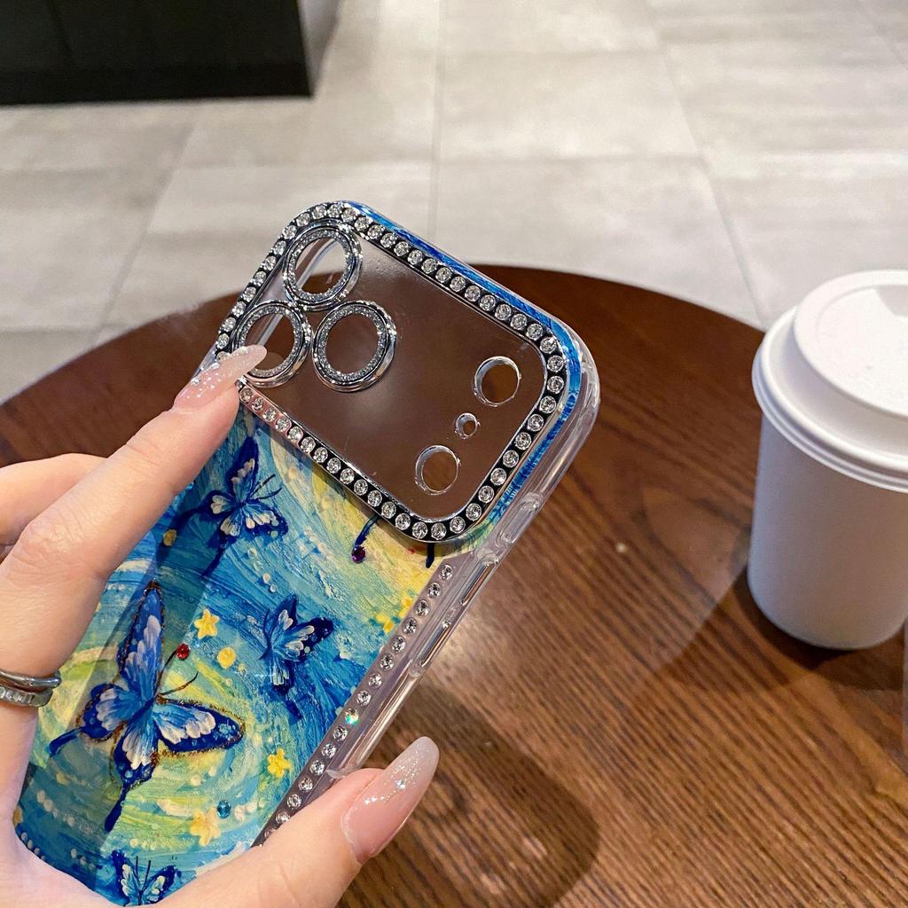 Starry Butterfly iPhone Case: Rhinestone Blue Light, Full Coverage for iPhone 12-17 Pro Max, Women's Style