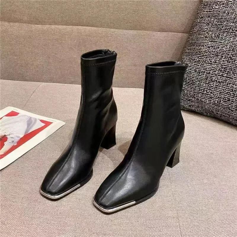 Women Ankle Boots Fashion Back Zippers Shoes Vintage Square Heels Autumn Winter Ladies Stretch Modern Booties 35-40