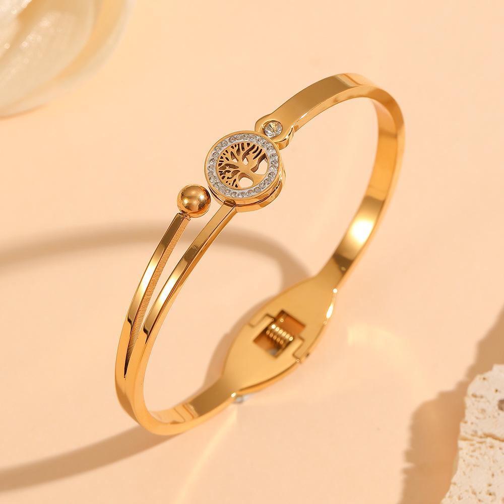 18 Karat vergoldetes Lebensbaum-Armband mit Diamanten - Damen Titanstahl