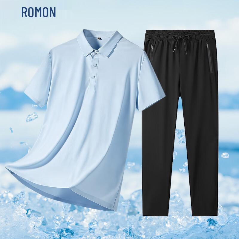 ROMON Men s Seamless Ice Silk Polo Shirt & Shorts Set M