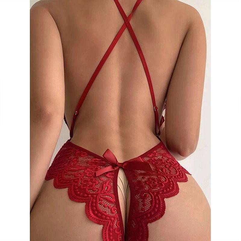 Erotic Lace Women's Deep V Open Bra Crotchless Slim Fit Lingerie Sexy Transparent Bodysuit Sex Temptation Underwear Costumes
