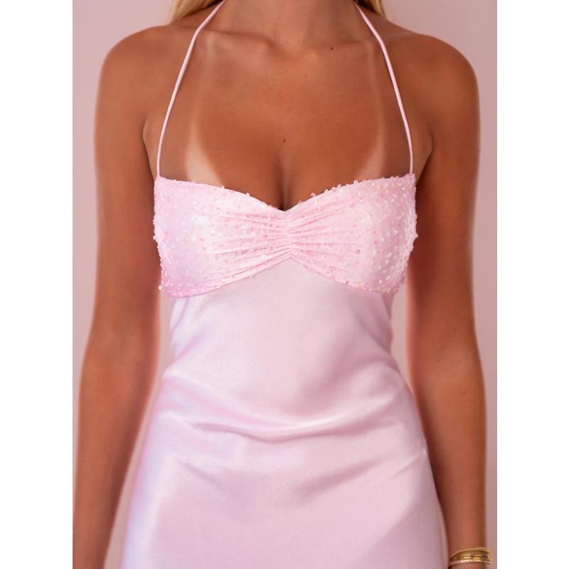 Nové Sexy Trubkové Šaty Saténové Jednobarevné s Flitry, Šněrovací na Krk, Letní Šaty