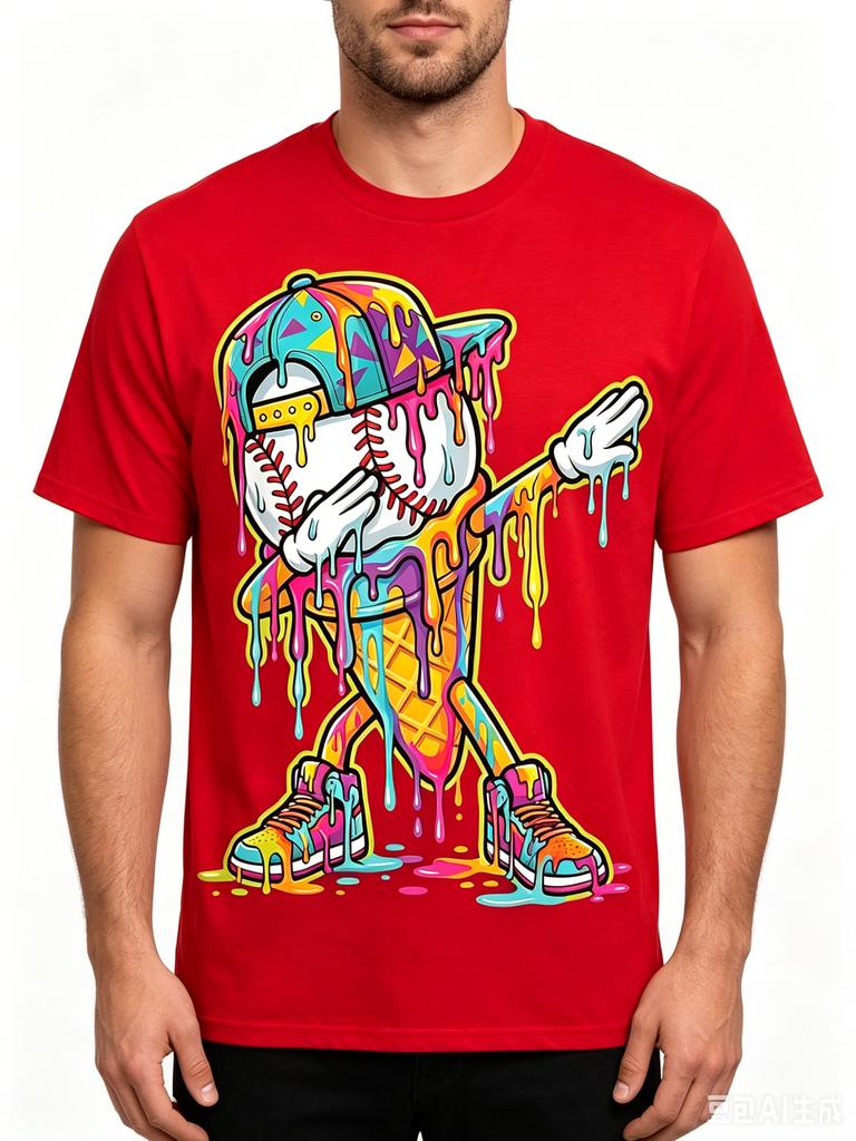 Cotton Retro Baseball Drip Tshirt Ice Cream Drip Pattern Round Neck Casual Electric Butt Dance Pose Graphic T Shirts