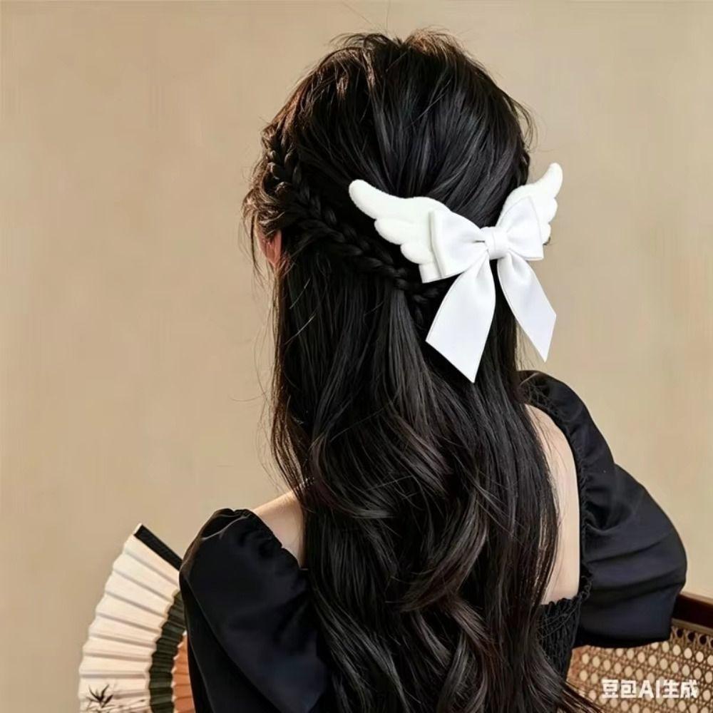 Y2K Angel Wing Hair Clip Spicy Girl Cute Duckbill Clip Fashion Satin Bow Hairpin Daily