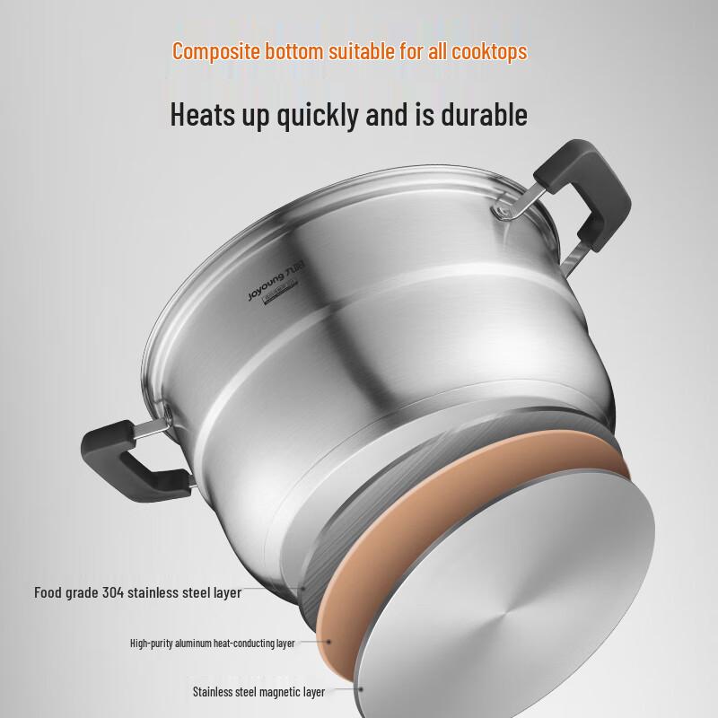 Joyoung 304 Stainless Steel Double-Layer Steamer Pot with High Arch Lid, 28cm