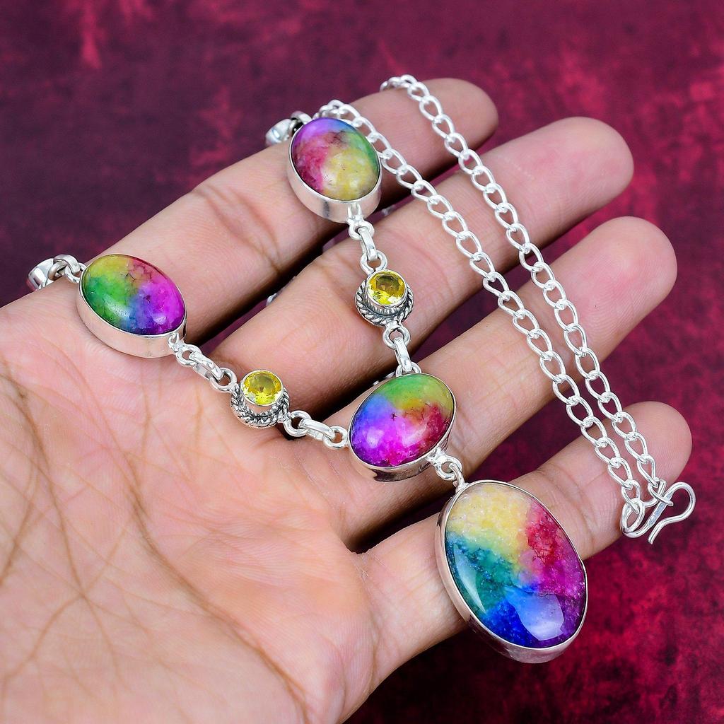 Rainbow Solar quartz & Citrine Necklace Gemstone Jewelry, 925 Solid Sterling Silver Necklace, Handmade Jewelry Birthstone Necklace, Gift For Love