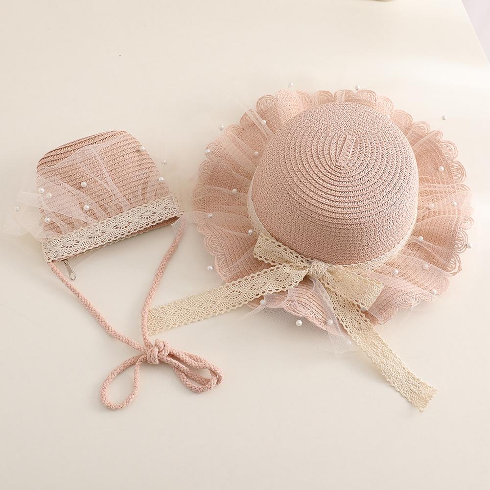 Breathable Lace Sun Hat Kids Straw Hat With Wide Brim Stylish Shoulder Bag For Girls Outdoor Beach Summer Sunscreen