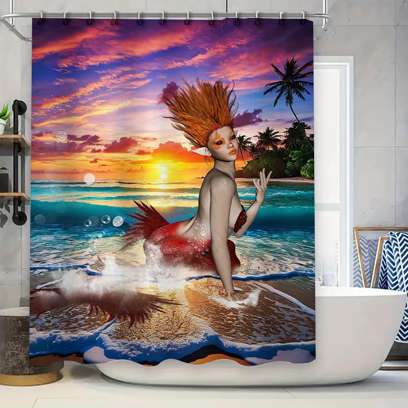 

Digital Printed Mermaid Shower Curtain Beach Sunset Design For Bathroom Decor Polyester Waterproof Fabriccustom Size Available H W60H190(CM)-1 Pcs