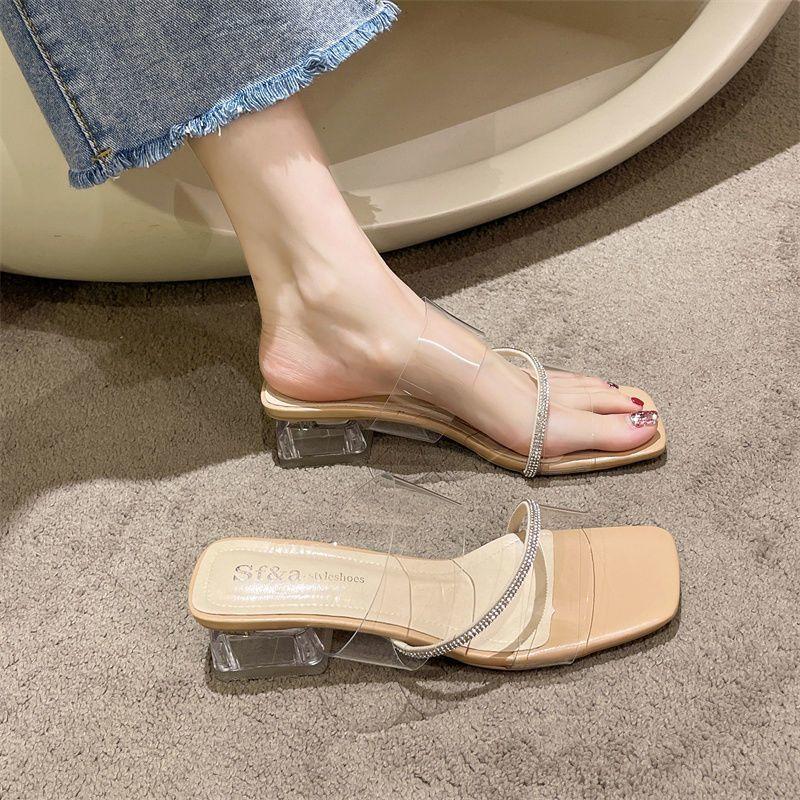 2025 summer new fairy wind transparent sandals Internet celebrity rhinestone square head middle heel sandals casual wear cool slippers