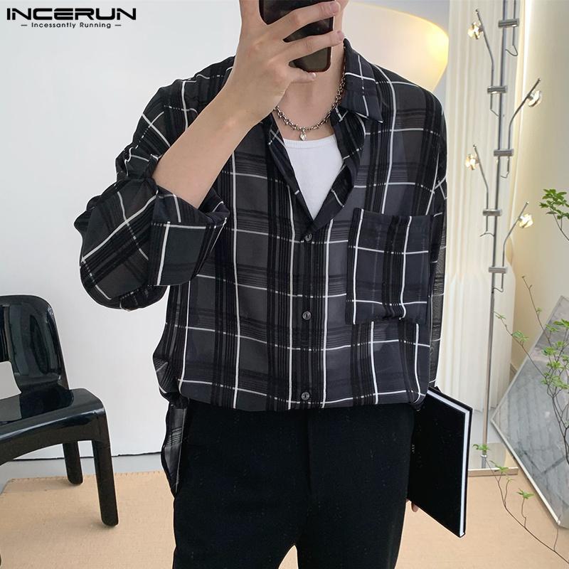 

INCERUN Пружина Тонкие Мужчины Клетчатые Черные Рубашки Длинные Рукава Прозрачные Повседневные Свободные Топы Плюс Размер