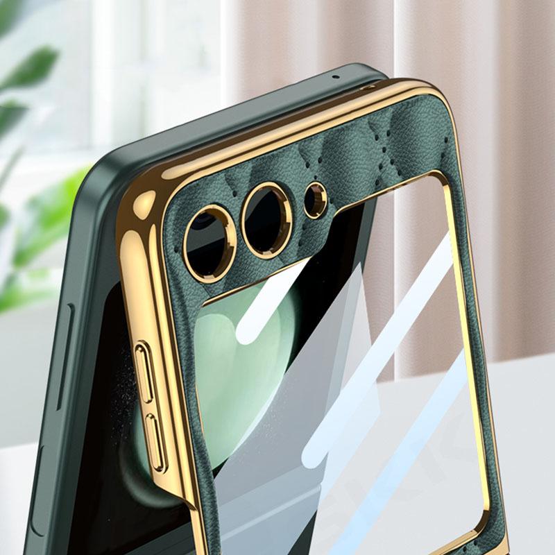 Luxury Leather Plating Ring Holder Case For Samsung Galaxy Z Flip 5 5G Back Screen Glass Hard Cover For Galaxy Z Flip5 Case