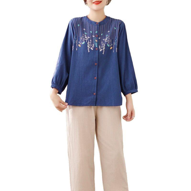 Plus Size Embroidered Cotton Linen Long-Sleeve Cardigan for Women