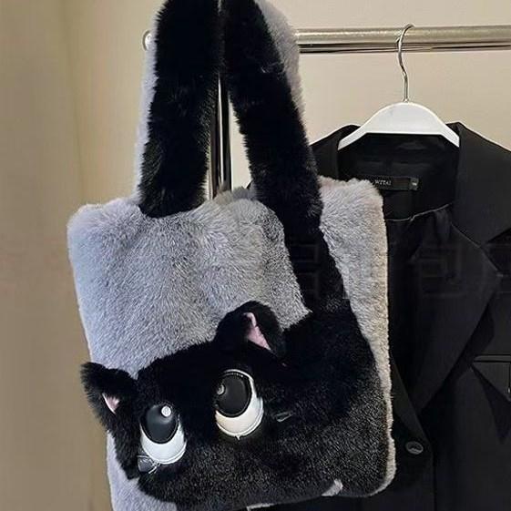 2026 Cute Cat Color Block Tote: Plush Single Shoulder Bag, Lightweight, Large Capacity