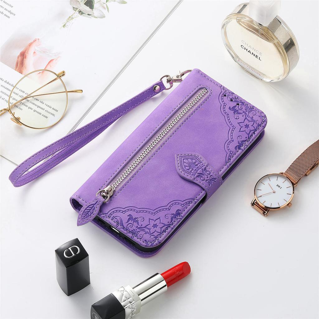 Embossing Flower Card Slots Flip Wallet Zipper Leather Case For iPhone 15 14 Plus 13 12 11 Pro Max for Samsung S24 S23 S22 S21 S20 Ultra Plus A15 A25