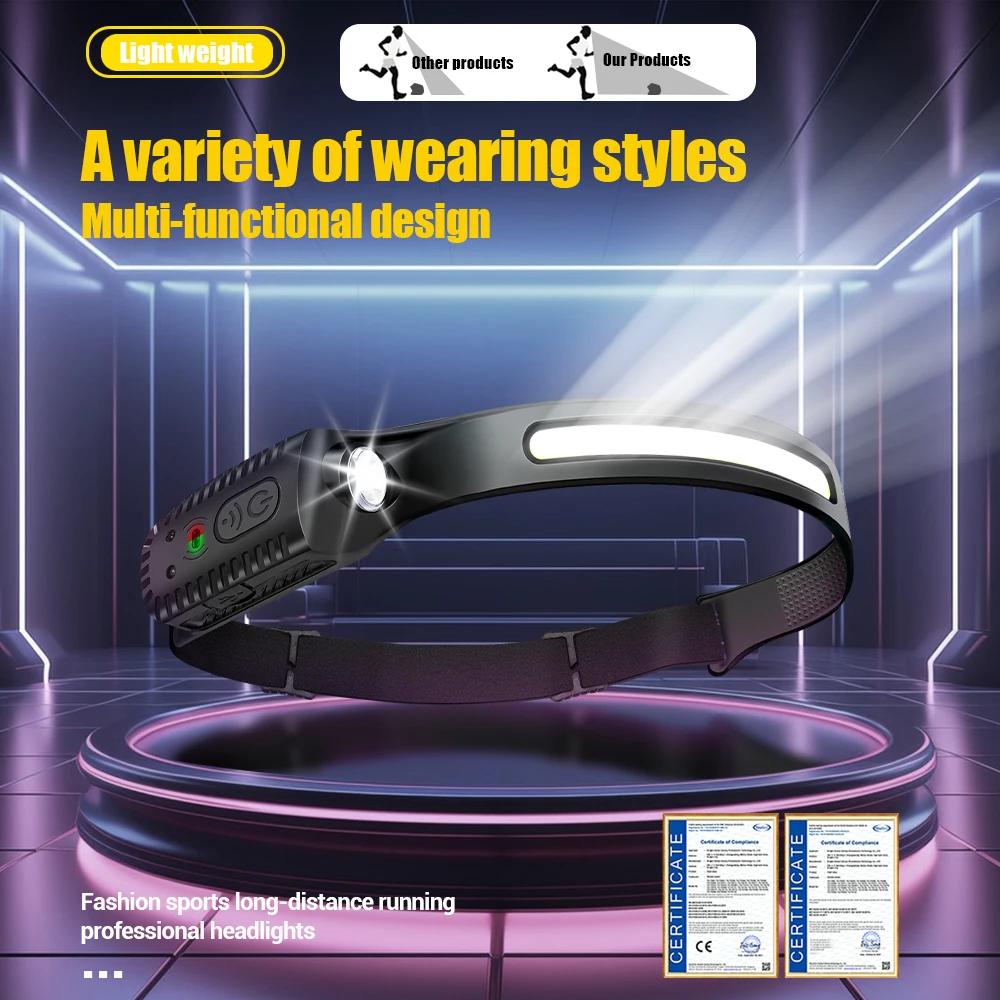 Induction Headlamp COB LED Sensor Head Lamp Built-in Battery Flashlight USB Rechargeable Head Torch 5 Lighting Modes Headlight