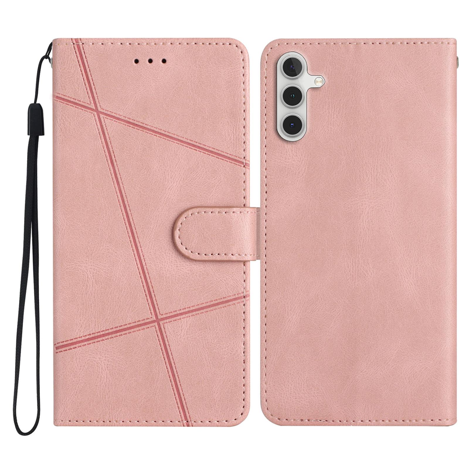 

For Samsung Galaxy M36 5G Wallet Case Line Imprinted Skin-Touch Leather Flip Phone Cover Rose Gold