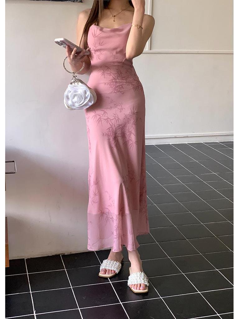 2026 Spring/Summer Pink Bamboo Rhyme Spaghetti Strap Long Dress for Women
