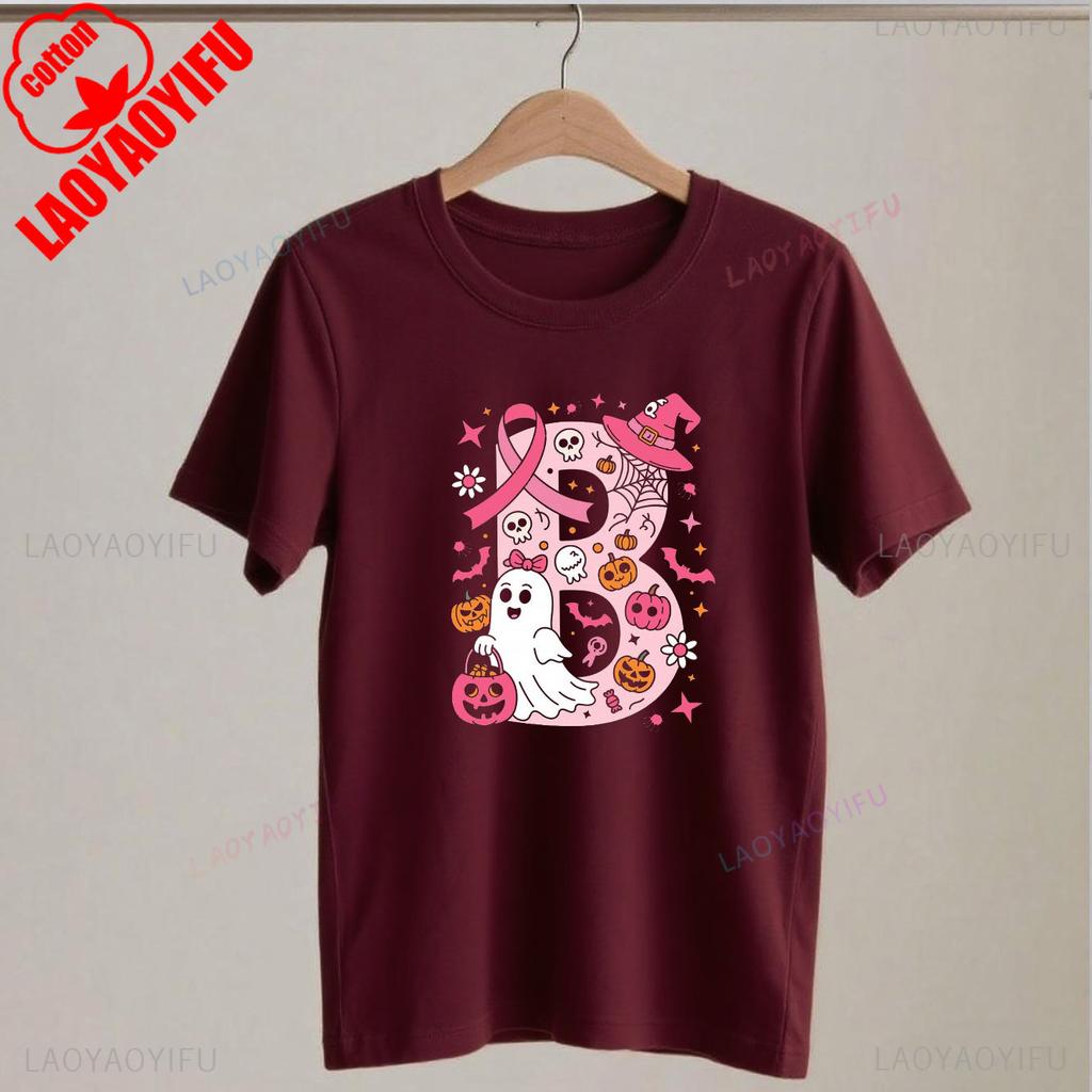 Breast Cancer Awareness Ghost Pink Ribbon Patchwork Halloween Hope Strength Faith Spooky Graphic T Shirts for WoUINISEX Harajuku