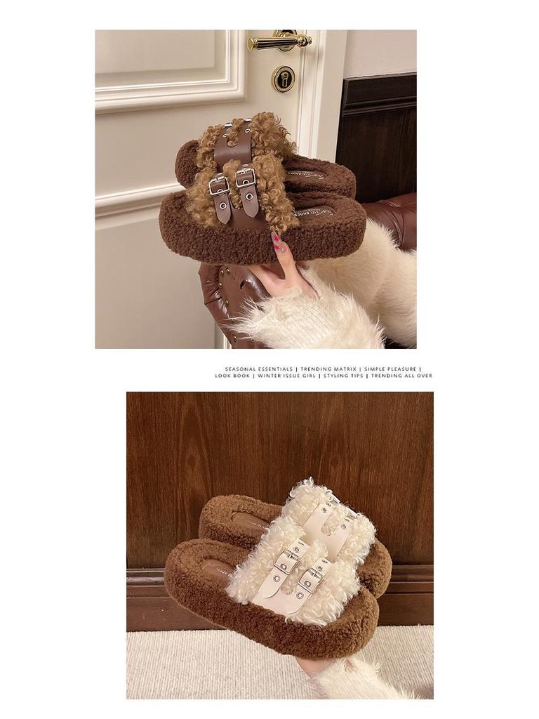 2025 Autumn/Winter Women's Furry Thick Sole Warm Slippers with One Strap and Belt Buckle