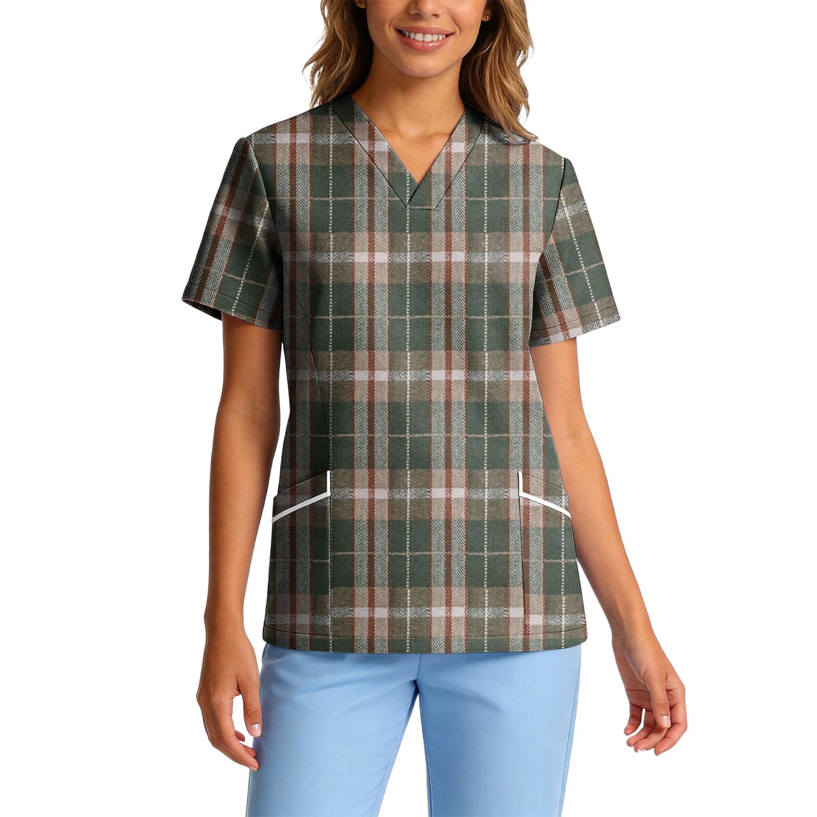 

Women s V-Neck Short Sleeve Workwear Top with Pockets & Moisture Wicking Fabric L армия зеленый