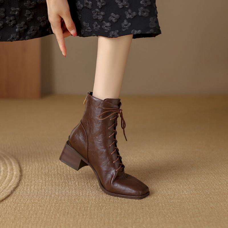 Moda NUOVO Autunno Scarpe da Donna Punta Quadrata Tacco Grosso Stivali Scarpe in Pelle Scamosciata per Donna Stivaletti Tacco Alto Allacciatura Stivali di Design