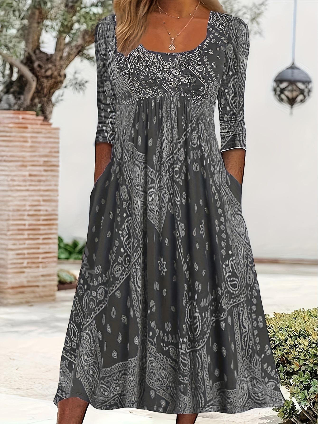 Women s clothing European and American summer new round neck short-sleeved long dress Bohemian print dress women S серый