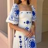 Summer Dress Elegant Women Flower Printed Maxi Dress High Waisted Short Sleeve Square Collar Fashion Holiday Dresses