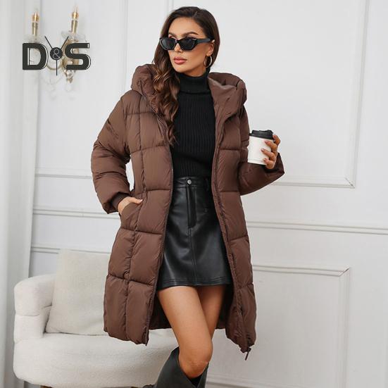 Veste d'hiver pour femme avec capuche, manteau épais et rembourré en duvet, taille fine, fermeture à glissière, mi-longue, coupe-vent, manteau en coton pour temps froid