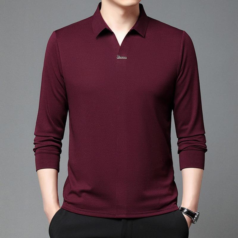 Men Loose Fit Long Sleeve Turn Down Collar Casual Solid Polo Shirt
