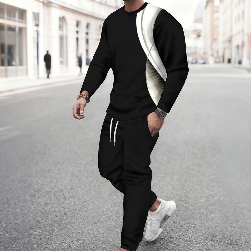 Men Navy Blue White Water Drop Floral Decor Print Long Sleeve Sweatshirt Jogger Pants Two Piece Suit