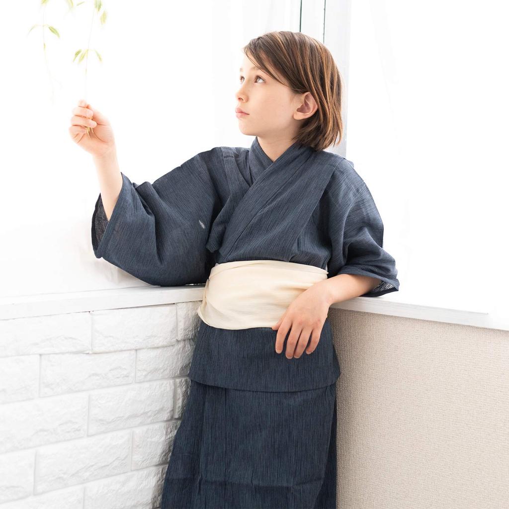 Yukata Cotton Linen Set Heko for Boys Indigo X Heko [KYOETSU] Set, Willow, Fabric, 2-piece (yukata, Obi) (110, G-12 Obi, Off-white)