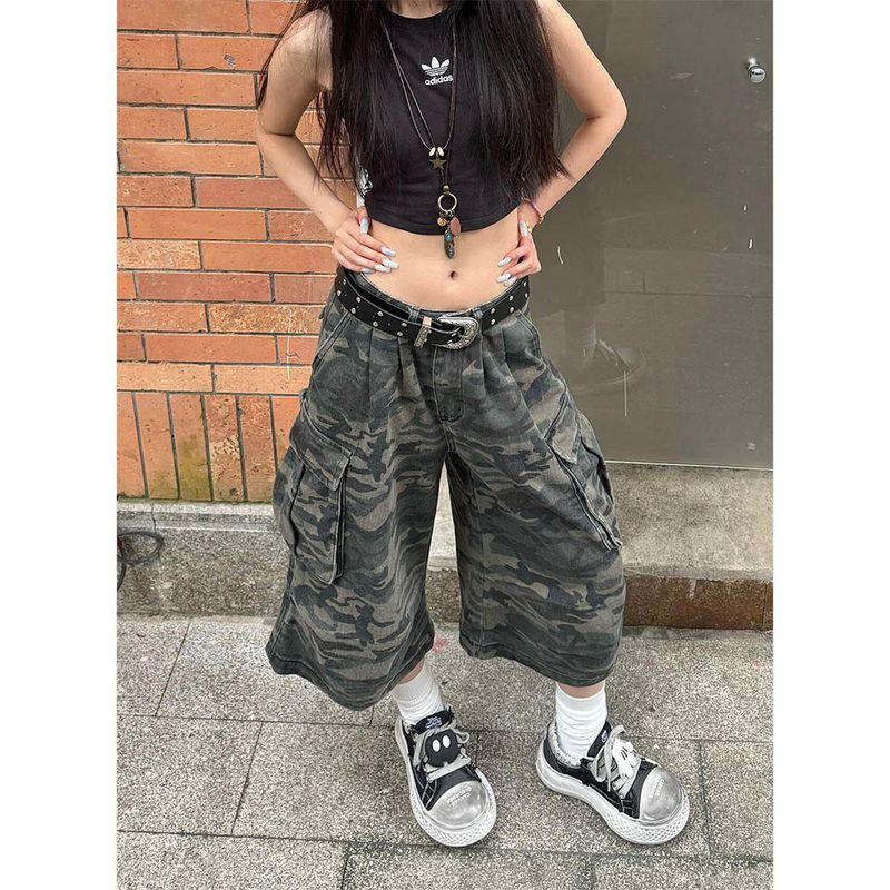 

Plus Size American Retro High Street Fans Color Seven Points Denim Female Summer High Waist Multi-Pocket Workwear Wide Leg Shorts Fan Color [Quality Edition]] XL