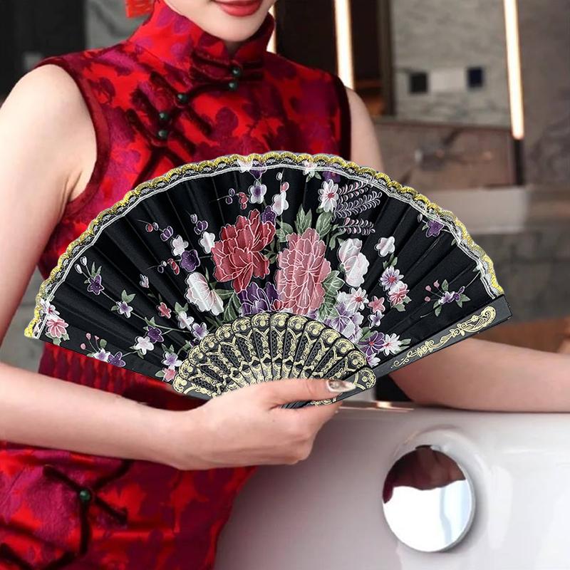 1Pc Flower Pattern Elegant & Luxurious Folding Fan Vintage Dance Fan Fashion Chinese Style Hand Held Stamping Design
