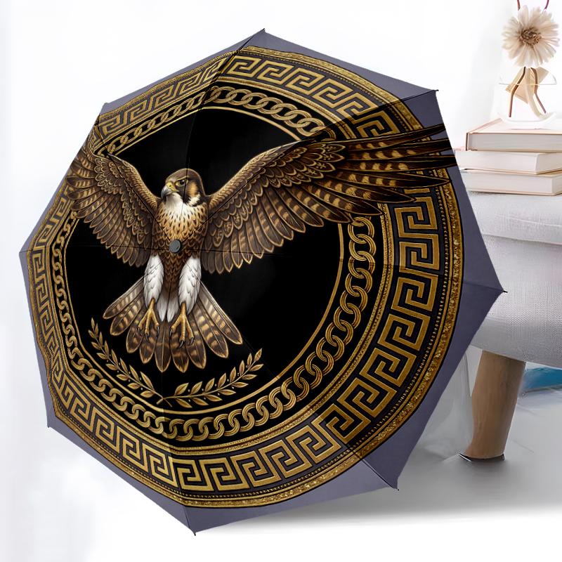 1pc Sturdy 8-Bone Auto Umbrella, Golden Regal Falcon Umbrella, Digital Printed, Foldable Umbrella for On-the-Go Outdoor Use