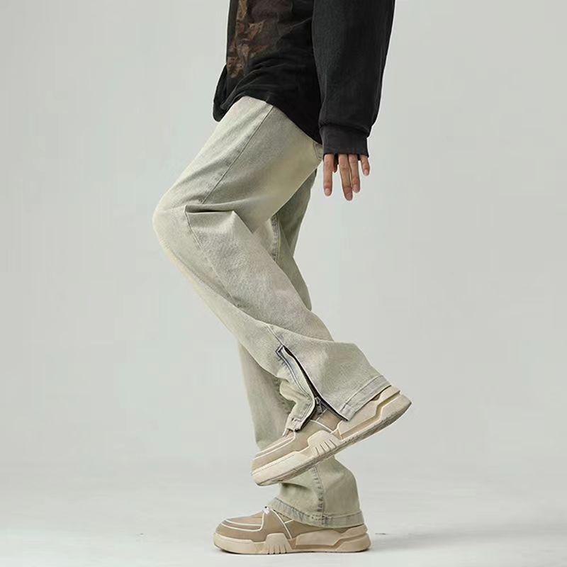 

Unisex Yellow-Brown Distressed Side-Zip Jeans – Straight Leg, Floor-Length L, Recommended 110-125 kg